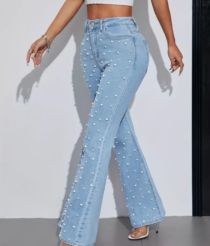 COCOMONEY JEANS FLARE FAUX PEARL EMBELLISHMENTS