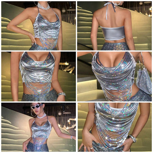 Black Sexy Shiny Criss-Cross Backless Halter Top And Sequin Fringed Mini Skirt 2-Piece Set, Party 2-Piece Set,Disco Outfit,Sexy 2-Piece Set COCOMONEY