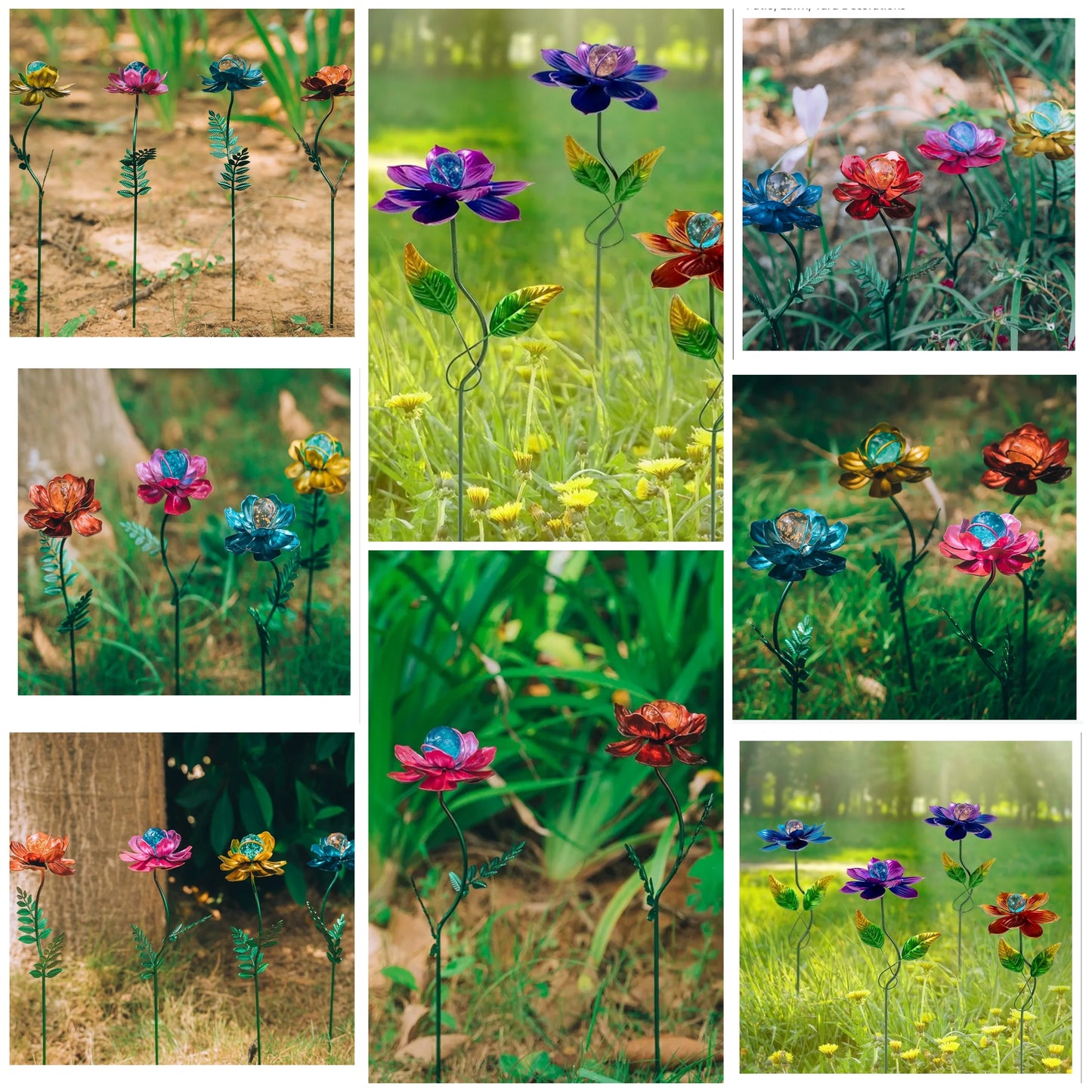 4 Pack Flower Garden Stakes Decor, 12.9 inch Metal Flowers Outdoor Decor Waterproof Metal Flower Sticks for Patio, Lawn, Yard Decorations