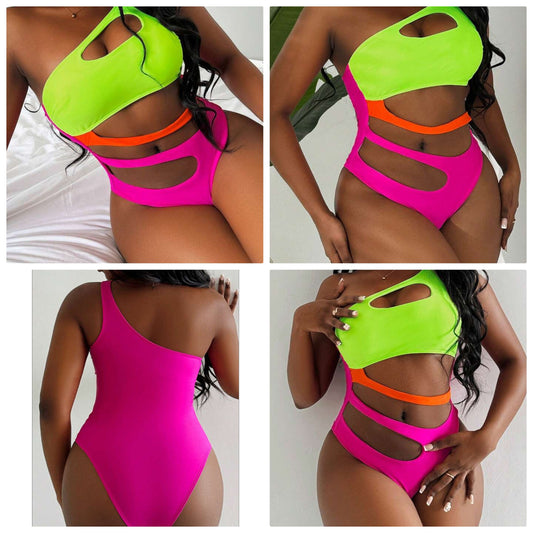 Sexy Beach Sports Hollow-Out Splice Tri-Solid Color One Shoulder Summer Party Holiday One-Piece Swimwear COCOMONEY