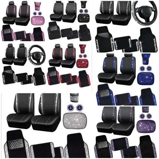 Bling Rhinestone Diamonds Car Seat Covers Leather Shining Diamond Car Floor Mats Carpet with Anti-Slip Nibs Bling Car Accessories Sets Glitter Crystal Combo Set