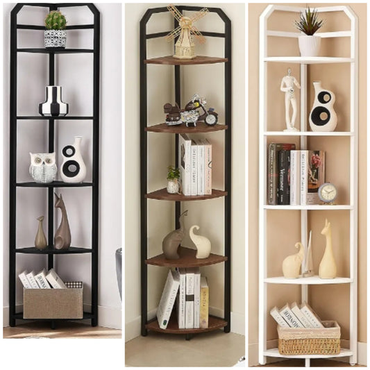 Corner Shelf, 5-Tier Industrial Corner Bookshelf, Freestanding Corner Shelf Stand with Metal Frame, Open Corner Plant Stand for Small Space, Home Office, Living Room, Bedroom,