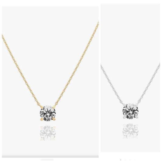 14K Gold Plated Crystal Solitaire 1.5 Carat (7.3mm) Cubic Zirconia Dainty Choker Necklace | Gold Necklaces for