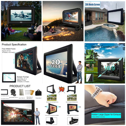 20 Feet Inflatable Projector Movie Screen For Outdoor,Portable Blow Up Projection Screen With Blower,Front/Rear Projection For Backyard Pool Party Movie Night