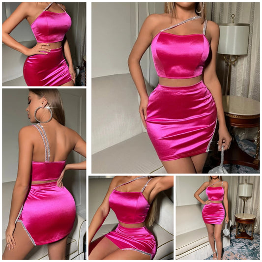 Contrast Sequin Tape One Shoulder Satin Top & Slit Skirt COCOMONEY