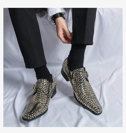 Men'S Sparkling Printed Buckle Chelsea Boots Stylish Pointed Toe Slip-On Low Top Ballroom Party