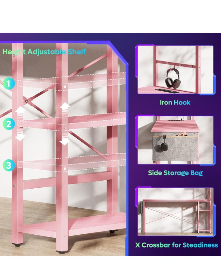 Gaming Desk with Power Outlets, 61 Inch Large Led Gamer Desk with 4 Tiers Reversible Shelves, PC Gaming Table with Headset Hook & Side Storage Bag for Bedroom (Pink 3D Carbon Fiber)