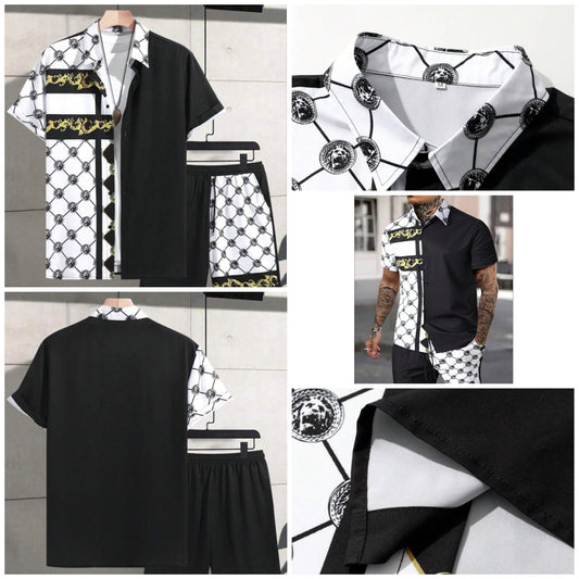 2 Pcs Men's Baroque Printed Button Down Short Sleeve Shirt And Shorts Set Tracksuit Beach Vacation Sets, For Summer,For Boyfriend Gift COCOMONEY