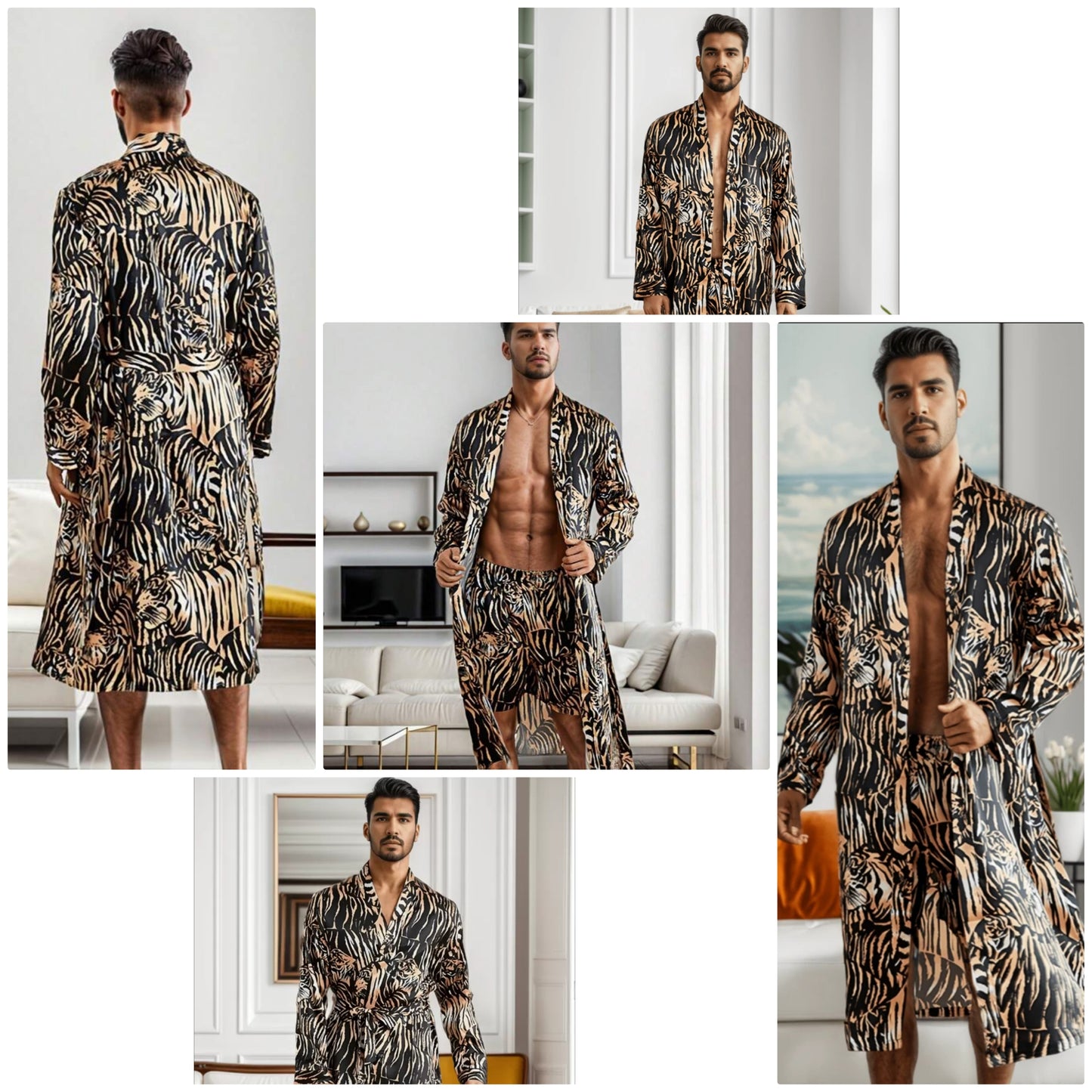 2pcs Men's Tiger Striped Ice Silk Bathrobe Home Robe Sleepwear COCOMONEY