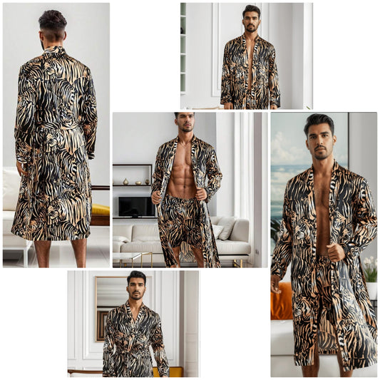 2pcs Men's Tiger Striped Ice Silk Bathrobe Home Robe Sleepwear COCOMONEY