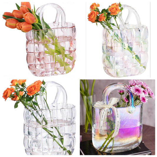 Glass Purse Vase Glass Bag Vase with Handle Handbag Shape Vase for Flowers Farmhouse Decor Handmade Wide Mouth Glass Vase for Office Home Living Room Dining Table Decor