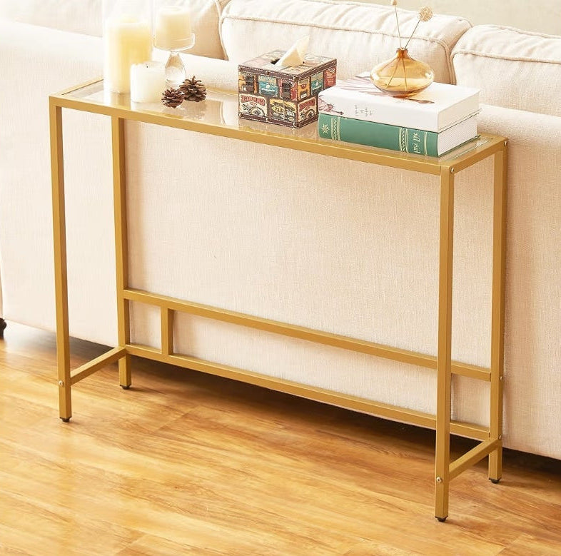 Modern Console Table for Entryway, Tempered Glass with Metal Frame Sofa Table for Living Room, Hallway, Office (Single-Layer, Gold)