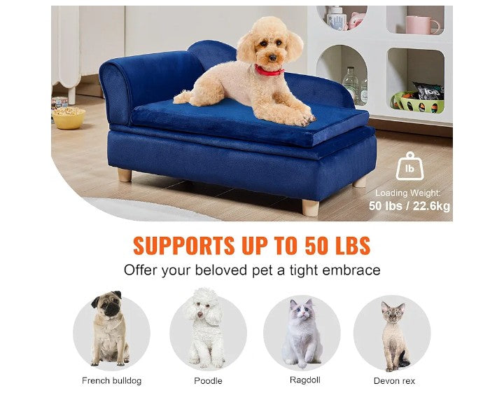 VEVOR Pet Sofa, Dog/Cat Couch for Small-Sized Dogs or Cats, Soft Velvety Dog Sofa Bed, 50 lbs Loading Cat Sofa, Blue