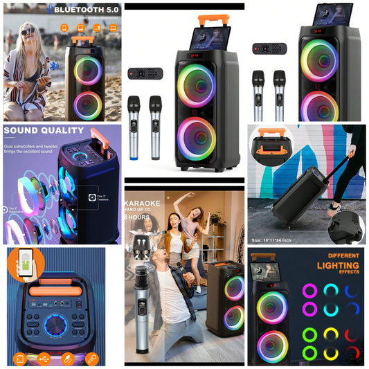 Karaoke Machine With 2 Wireless Microphones For Adults, 8" Big Bluetooth Party Speaker With 500W Peak Power,PA System With DJ Light, Rolling Wheels And Trolley,Perfect For Outdoor