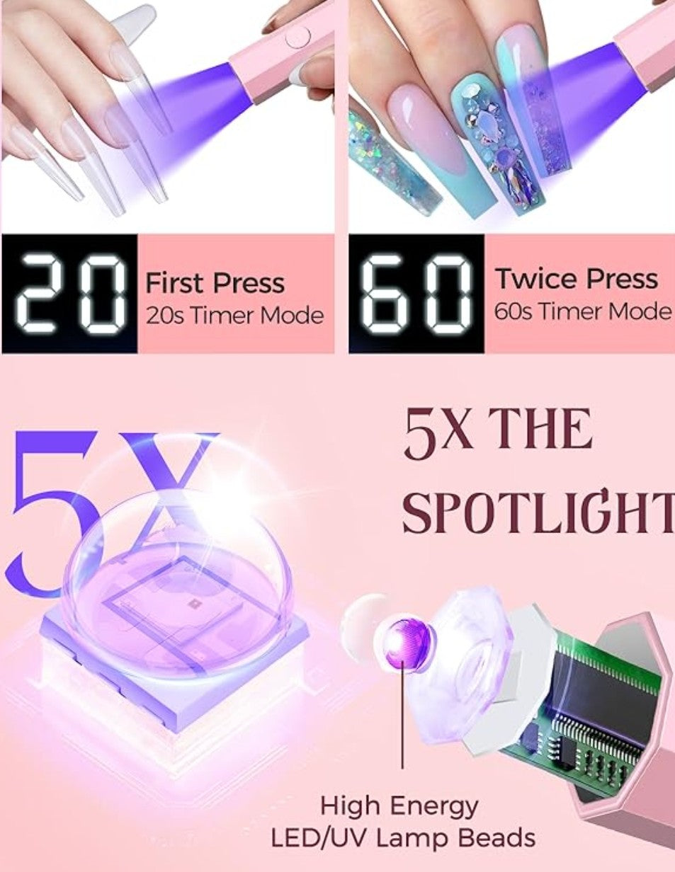 UV Nail Light Handheld UV Light for Nails 3W Portable Led Lamp with 2 Timer Settings 20/60s for Gel Polish Home DIY Salon Women(Pink)