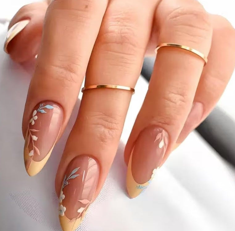 6 Packs (144 Pcs) Press on Nails Medium Almond Fake Nails French Tip False Nails with Designs Leaf Glue on Nail Full Cover Glossy Acrylic Stick on Nail for Women Manicure