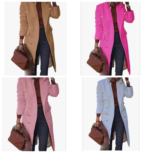 Overcoat Notched Lapel Double Breasted Coats Fall Winter Elegant Wool Blend Trench Coat Long Jackets