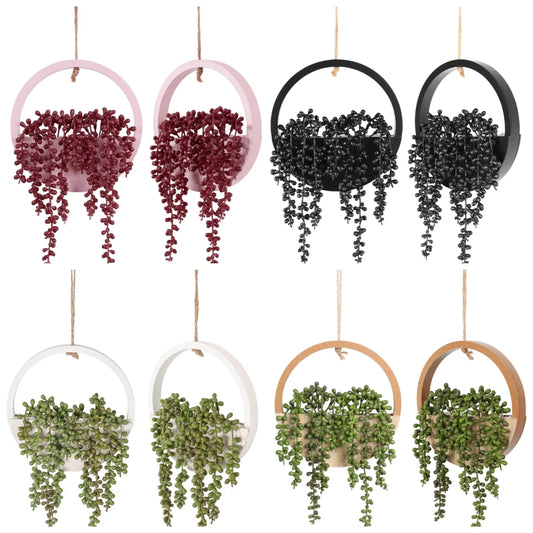 2pcs Artificial Succulents Hanging Plants 12.2'' Fake String of Pearls in Pot with 8.3'' Lanyard for Indoor Outdoor Wall Decor
