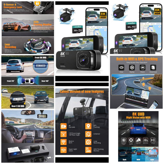 Dash Camera For Cars, 8K Full UHD Dash Cam Front And Rear Inside With App,Car Camera With Free 32GB SD Card,Built-In Wi-Fi GPS,3.16"IPS Screen,170°Wide Angle,WDR,24H Parking Mode,Night Vision,8K Front And Rear Dash Cam,High Definition Viewing Angle, Large