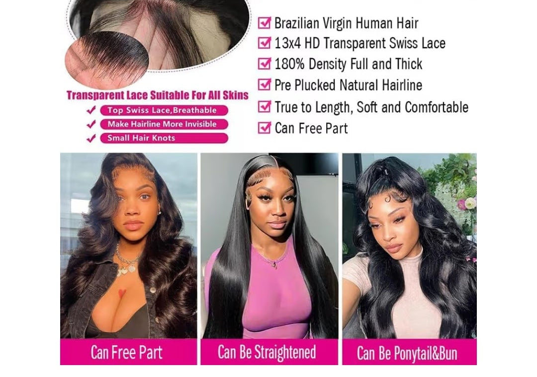 30 Inch Lace Front Wigs Human Hair Body Wave Wig 13x4 Pre Plucked 180 Density HD Transparent Lace Frontal Wigs Human Hair for Women Body Wave Human Hair Wigs with Baby Hair Natural Black