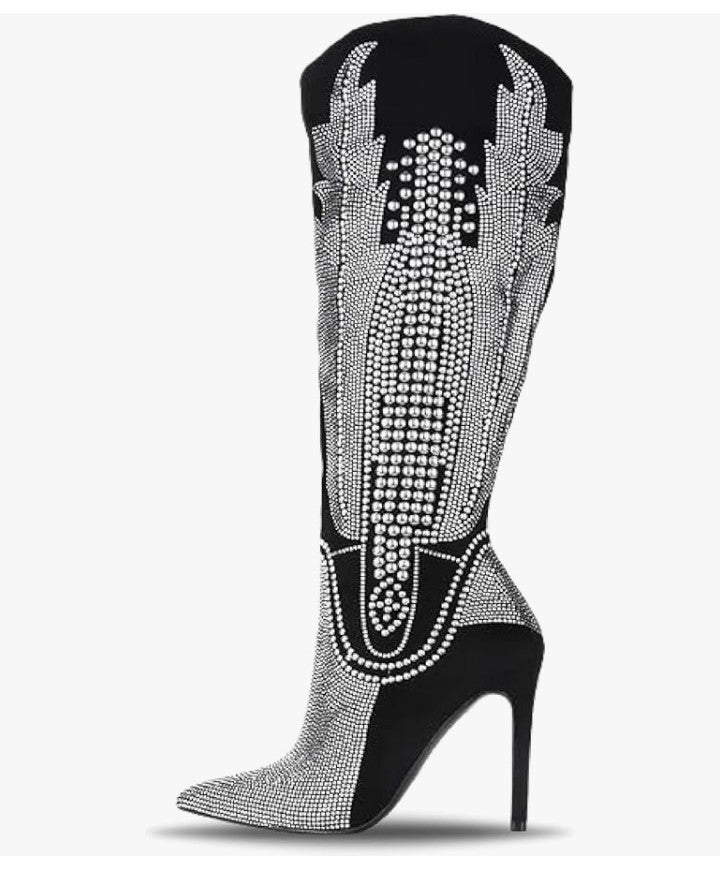 Knee High Cowboy Boots Women Western Wide Calf Rhinestone Cowgirl Boots for Women with Stiletto Heels Fashion Dress Boots for Women
