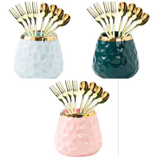 Dessert Fork set, Ceramic Jar with 8 Small Forks, Salad, Fruit, Party, Cake, Camping Cutlery set (Pink Ceramic Jar+4 Spoons+4 Forks)