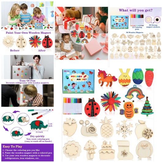 DIY Wooden Magnets, 36 pcs Wooden Art Craft Supplies Painting Kit for Kids Party Favors for Boys Girls Ages 4up Birthday Easter Crafts Gifts Toys Basket Goodie Bag Stuffers
