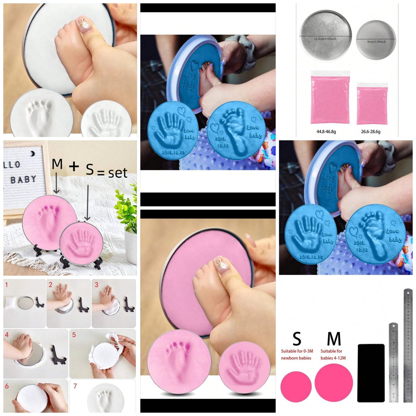 Optional: (1 Set S = 1 Pack Ink Pad (25g) + 1 Holder + 1 S Size Round Mold) / (1 Set M = 1 Pack Ink Pad (45g) + 1 Holder + 1 M Size Round Mold) / Set = (1 Set S + 1 Set M) / Baby's 100th Day/1st Birthday Gift, Newborn Growth Keepsake, Moldable Clay pe