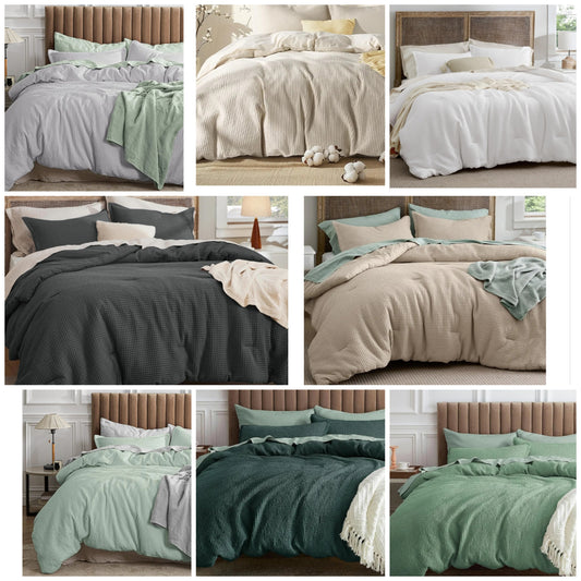 100% Cotton 3pc Waffle Weave Bed Set, 3 Pieces, 1 Comforter and 2 Pillow Shams, Premium Cotton Cover with Polyester Fill for All Seasons