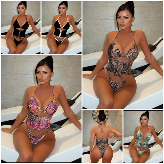 Leopard Print Sexy Halter Tie Strap Tankini Swimwear