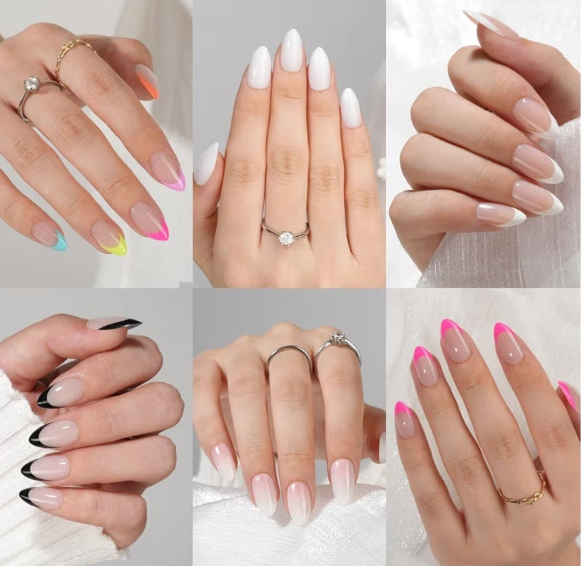 6 Packs Press On Nails Almond, Misssix French Tip Press On Nails Short, Reusable Glue On Nails, Gel Fake Nails for Women, Stick On Nails Kit 15 Sizes-6 styles in total