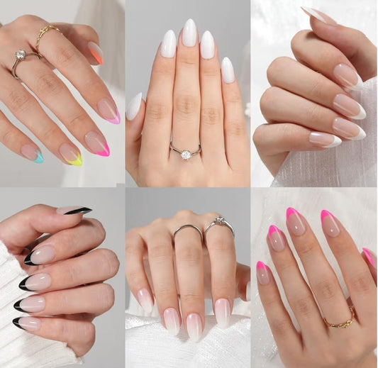 6 Packs Press On Nails Almond, Misssix French Tip Press On Nails Short, Reusable Glue On Nails, Gel Fake Nails for Women, Stick On Nails Kit 15 Sizes-6 styles in total