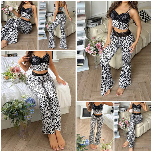 Sexy Spaghetti Strap Leopard Lace Patchwork Tank Top And Tight Flared Pants Women Sleepwear Set