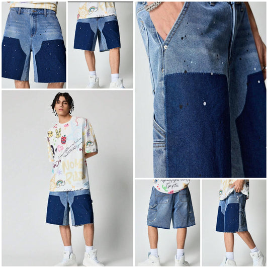 Men's Street Loose Casual Contrast Color Patch Pocket Denim Shorts COCOMONEY