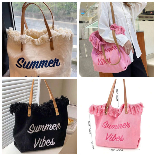 Large Capacity Letter Tassel Canvas Bag, Simple Commuter Shopping Shoulder Tote Bag COCOMONEY