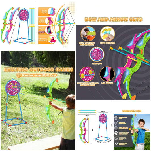 2 Pack Kids Bow and Arrow Set with LED Flash, 14 Sucker Arrows and Standing Target. Rose Red and Apple Green Outdooor Archery Toy, Festival Birthday Gift for Boys and Girls Aged 3 and up