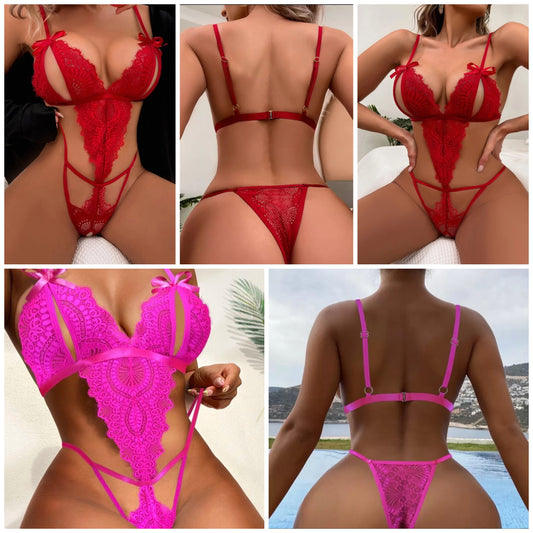 Sexy Eyelash Lace Cut-Out Bow Front Teddy Bodysuit Lingerie COCOMONEY
