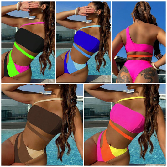Colorblock Asymmetrical Neckline Wire-Free Summertime Beach Bikini Set,Summer Beach COCOMONEY