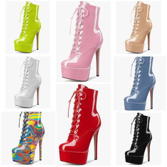 Women Ankle Boots Short Bootie Platform Stiletto High Heel Round Toe Dress Shoes Lace-up Patent 6.5 Inch