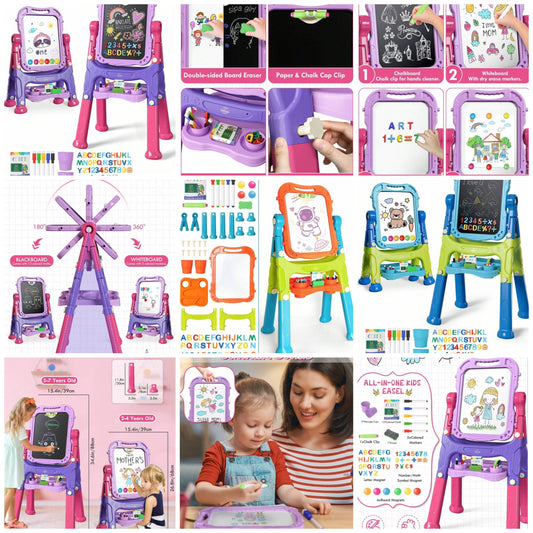 Easel For Kids, 4 In 1 Double Sided Kids Art Easel With Magnetic White Board & Chalk Board, Adjustable Standing Toddler Easel With Drawing & Writing Accessories