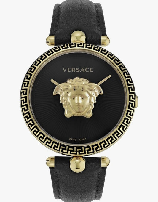 Versace Palazzo Empire Collection Luxury Womens Watch Timepiece with a Black Strap Featuring a Gold Case and Black Dial