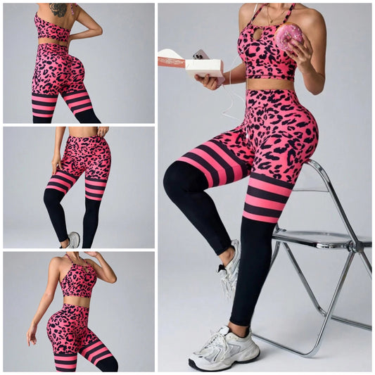 Leopard Print Sleeveless Top And Leggings Sports Yoga Fitness Set COCOMONEY
