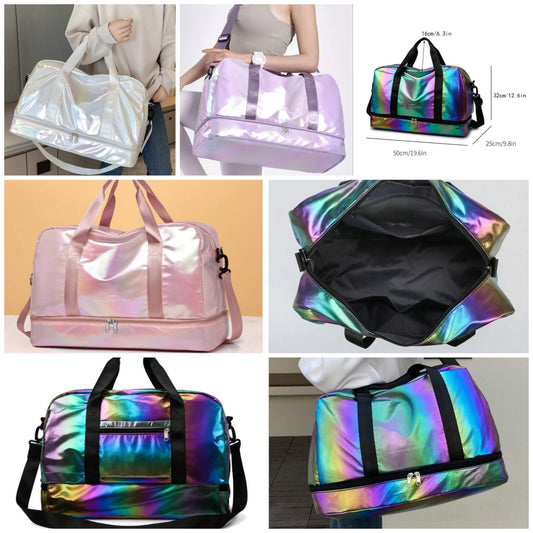 Multi-Pocket Large Capacity Waterproof Women's Tote Bag For Traveling And Luggage Fashion Y2K Holographic Bag Glitter Travel Bag Handbag Hand Bag Gym Bag Shoulder Bag For Vacation Holiday Hospital Back To School Futurist Traveling Bag Minimalist
