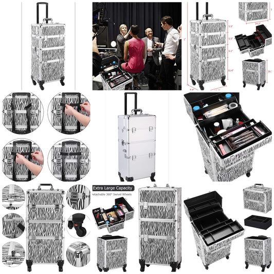 3 in 1 Aluminum Rolling Makeup Trolley Case,Professional Aluminum Rolling Cosmetic Trolley Train Case,Portable Makeup Organizer Suitcase,with Wheels,for Nail Tech Hairstylist Barber (Zebra Print)
