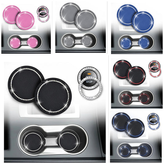 Car Cup Coasters (2 Pack) with Push Start Button Bling Ring (1 Pack) | Pink Car Interior Accessories | Classy and Elegant Pink Crystal Car Decor for Cars,Trucks & RVs