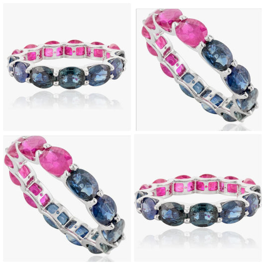 COCOMONEY Ruby & Emerald Eternity Ring- 14K Solid White Gold Stackable Ring- Elegant