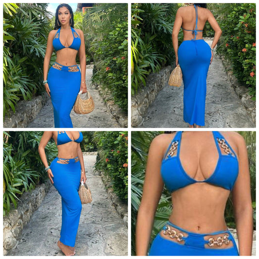 2pcs Set Casual Everyday Halter Bra & Mini Skirt,Summer Outfits For Women,Spring,Vacation,Beach,Sexy,Blue,Concert Outfit Women,Rave,Cruise Attire Women,Vacation Two Piece Set, Outfits COCOMONEY