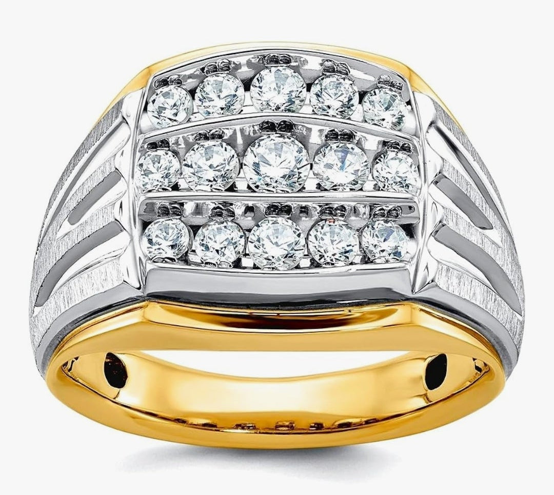 2.65mm 14k Solid Gold Two Tone 1 Ct Lab Grown Diamond SI+ G+ Mens Cluster Ring Size 10-Ring for Men