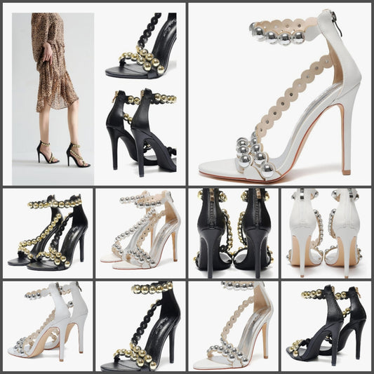 Stiletto Open-Toe Sandals Beaded Ankle Strap & Zip Closure Nightclub Party Wedding Heels Shoes