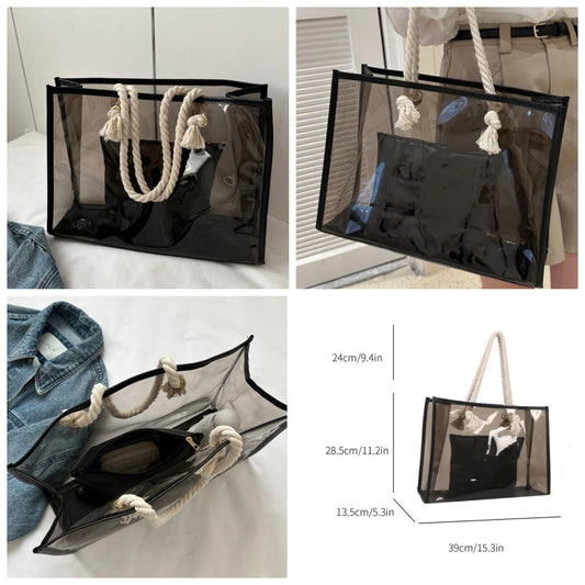 Large Capacity,Waterproof,Portable Clear Shoulder Tote Bag With Inner Pouch Black PVC For Teen Girls Women College Studentsfor School,College,Stadium,Sports,Back To School,Perfect For Music Festival,School Bag,Portable,Large Capacity,For Teen Girls Women